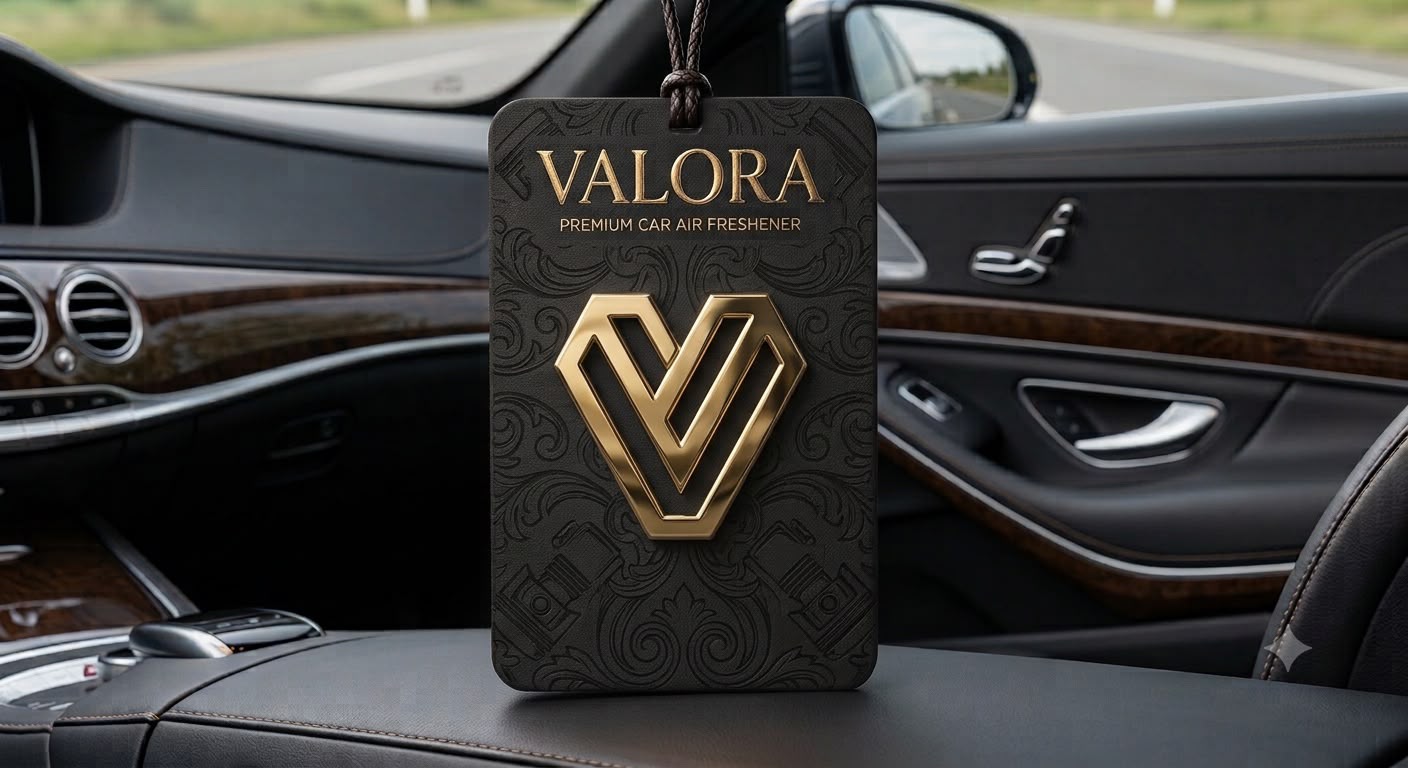 VALORA premium car air freshener hanging in a car interior